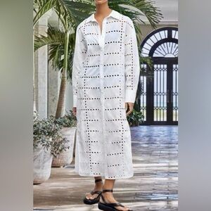 Classy Embroidered Eyelet Hollow Out Long Sleeve Oversized Maxi Coverup Dress.